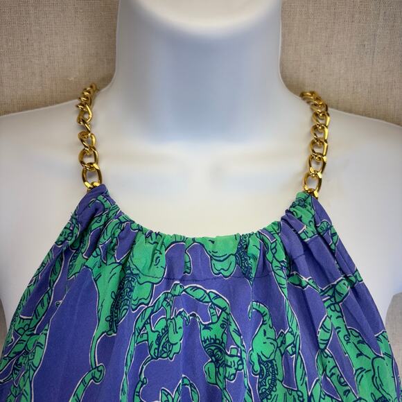 100% Silk XS Lilly Pulitzer Cabana chain halter Iris blue loopy elephants - Picture 3 of 8